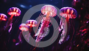 Glowing, translucent moon jellyfish swim in dark underwater beauty generated by AI
