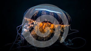 Glowing, translucent moon jellyfish swim in the deep, blue sea generated by AI