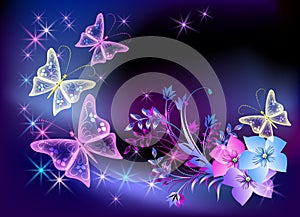 Řeřavý průhledný květiny a motýl 