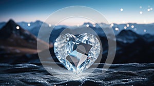 A glowing transparent glass heart against the wintry mountain landscape symbolizes warmth and comfort during challenging times