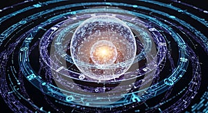 Futuristic Digital Sphere with Orbiting Data Rings