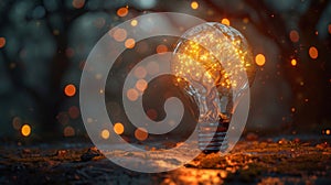 Glowing tree inside a light bulb in a mystical forest, creative concept