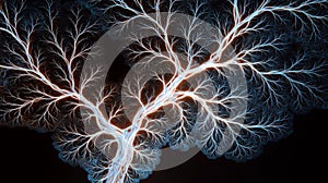 Glowing Tree-Like Fractal Pattern with Branching Symmetry on Black Background Representing Recursive Growth, Complexity