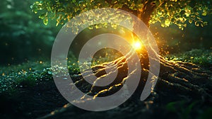 Glowing Tree Roots, Forest Sunrise, Magical Nature