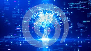 A glowing tree symbolizing artificial intelligence or the growth of digital technology data, with binary code and abstract