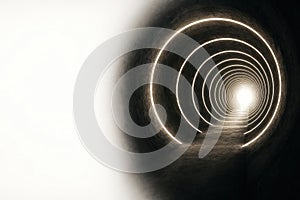 A glowing tunnel with rings leading to the light. Space for text.