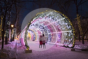 Glowing tunnel on Tverskoy Boulevard in the New year and Christmas holidays in the early morning, Moscow