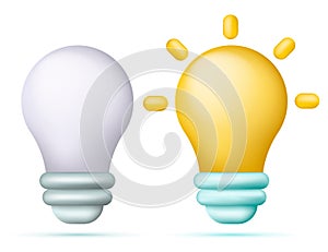 Glowing and turned off electric light bulb. 3d cartoon yellow light bulb icon. Vector illustration