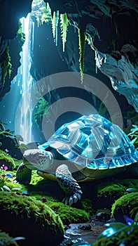Glowing turtle in cave with waterfall