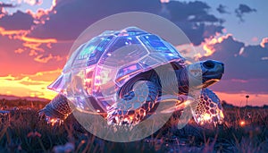 Glowing turtle in neon landscape sunset