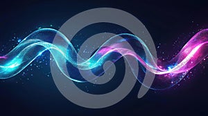 Glowing, vibrant wave of blue and pink light on dark background. Generative AI