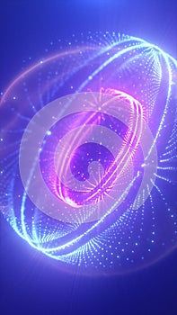 Glowing violet and blue digital sphere emitting light rays and dotted reflections in a futuristic setting