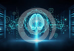 Of a glowing virtual brain, composed of interconnected nodes and