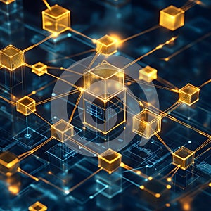 Glowing virtual network microchips connected in abstract digital matrix