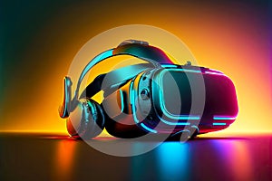 glowing vr reality gles vr headset on neon bright background