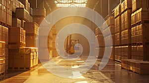 Glowing Warehouse with Forklift.AI generated image
