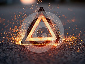 Glowing warning triangle with sparks and embers on a dark road surface