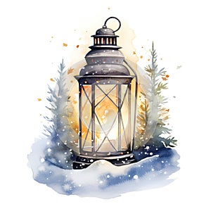 Glowing Watercolor Christmas Lantern Lighting the Way Through the Snowy Night AI Generated