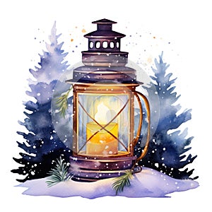 Glowing Watercolor Christmas Lantern Lighting the Way Through the Snowy Night AI Generated