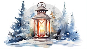 Glowing Watercolor Christmas Lantern Lighting the Way Through the Snowy Night AI Generated