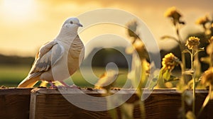 Glowing White Dove Perched On Fence In Lush Field photo