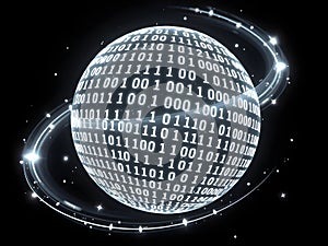 White Digital Globe with Binary Code and Glowing Tech-Inspired Background photo