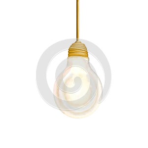 Glowing white light bulb with a gold base and cord on white background