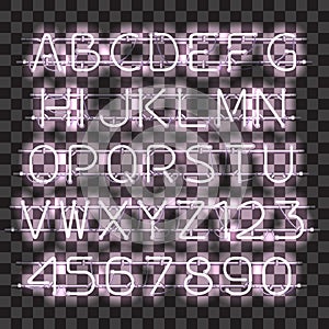 Glowing white neon alphabet and digits.