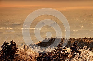 Glowing winter morning mist at sunrise, Danube river, Budapest