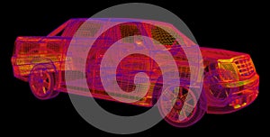 Glowing wireframe of a car 3d model