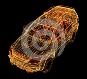 Glowing wireframe of a car 3d model
