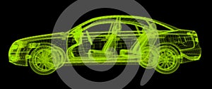 Glowing wireframe of a car 3d model