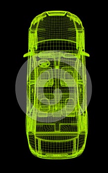 Glowing wireframe of a car 3d model