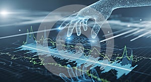 Digital hand interacting with futuristic data visualization displaying complex financial market trends