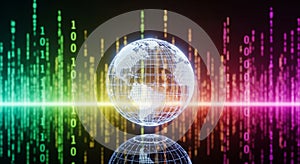 Digital Globe with Binary Code and Colorful Light Spectrum Background earth technology
