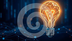 Glowing Wireframe Lightbulb on Digital Network Background