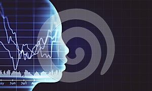 Glowing woman head with stock analytics and business report