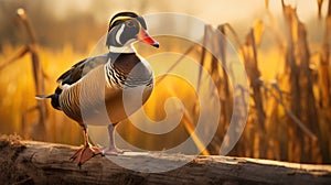 Glowing Wood Duck On Fence Post: Spectacular Backdrops And Warm Tones Photography