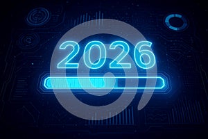 Glowing 2026 year with progress bar and digital interface elements on dark blue background future loading