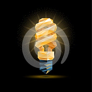 Glowing yellow 3d low poly fluorescent light bulb model. Vector polygonal bulb illustration on a black background.