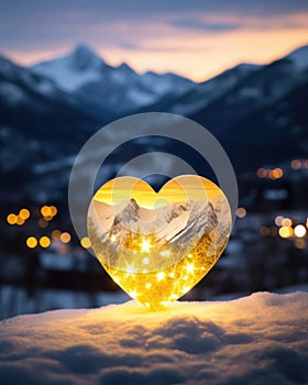 A glowing yellow glass against the wintry mountain landscape symbolizes warmth and comfort during challenging times, ar 4:5