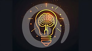 Glowing yellow light bulb with brain icon illustration on black background Innovation AI generated