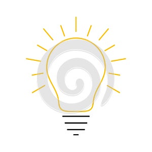 Glowing yellow light bulb thin line icon. Idea and creativity symbol isolated on a white background.