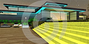 Glowing yellow steps at night. Turquoise illuminated LED stripe along the walls. Glass entry door to the house. 3d rendering