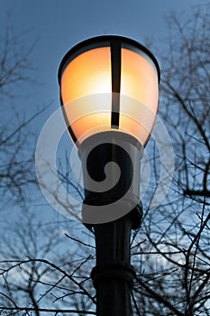 Glowing yellow street lantern, against a blue evening sky