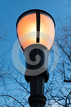 Glowing yellow street lantern, against a blue evening sky