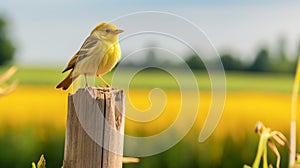 Glowing Yellow Warbler Perched On Wooden Post In Lush Field