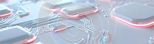 Glowingly etched circuit board design with neon lines showcasing intricate pathways against a smooth white background photo