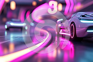 Glowingly vibrant race cars zoom across a digital track filled with luminescent lanes, speeding towards a floating photo