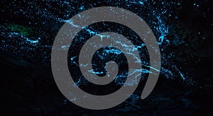 Glowworms illuminate a cave ceiling, creating a starry night effect. The